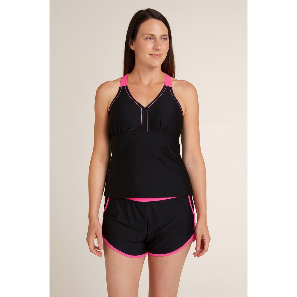 Talisea‎ Womens Swim Set Size XL Black Pink Tankini Top Shorts Sporty Athletic